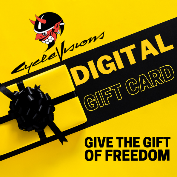 Yellow background with black banner and yellow wrapped gift, CycleVisions logo, words 'Digital Gift Card: Give the Gift of Freedom' - Ideal Motorcycle Enthusiast Present