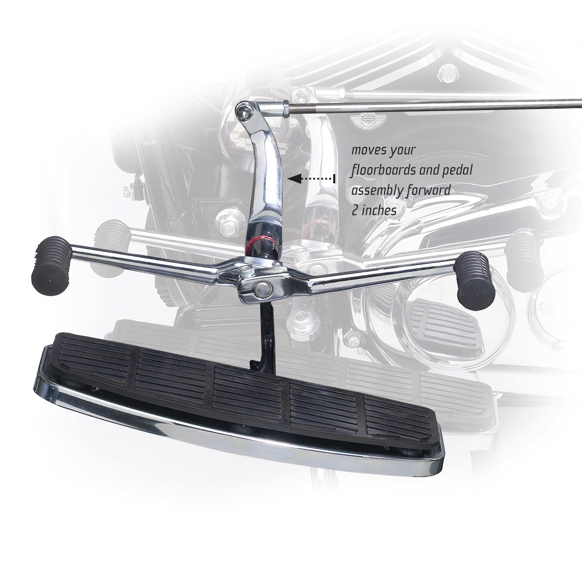 "Go-Forward" Floorboard Extensions for Harley Davidson Motorcycles